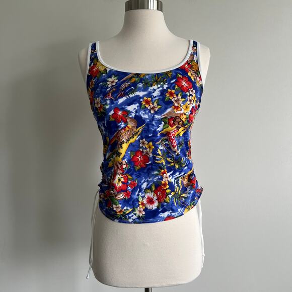 Cazimi Scoop Neck Ruched Side Tankini Swimwear Top Blue Hula Tropical 12 - Picture 1 of 6
